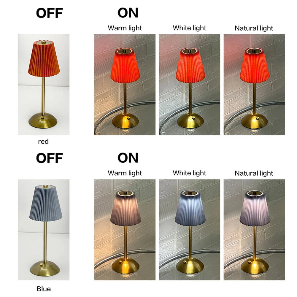 Cordless Metal Table Lamp with Pleated Shade – Touch Dimming, Rechargeable
