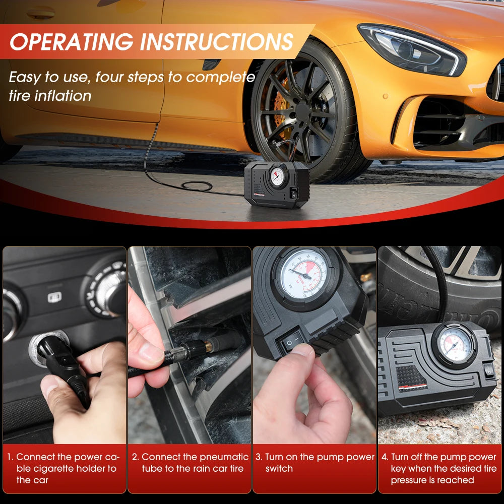 CARSUN Mini Wired Tire Inflator – 20L/Min Portable Air Compressor with Analog Gauge