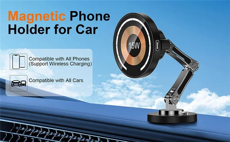 Magnetic Car Phone Mount – 15W Wireless Charging, Compatible with iPhone 12–15