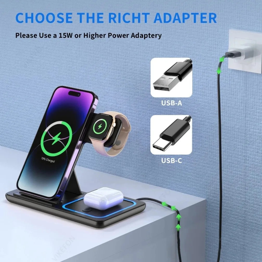 Foldable 3-in-1 Wireless Charging Station – iPhone, Apple Watch & AirPods, 15W Fast Charge