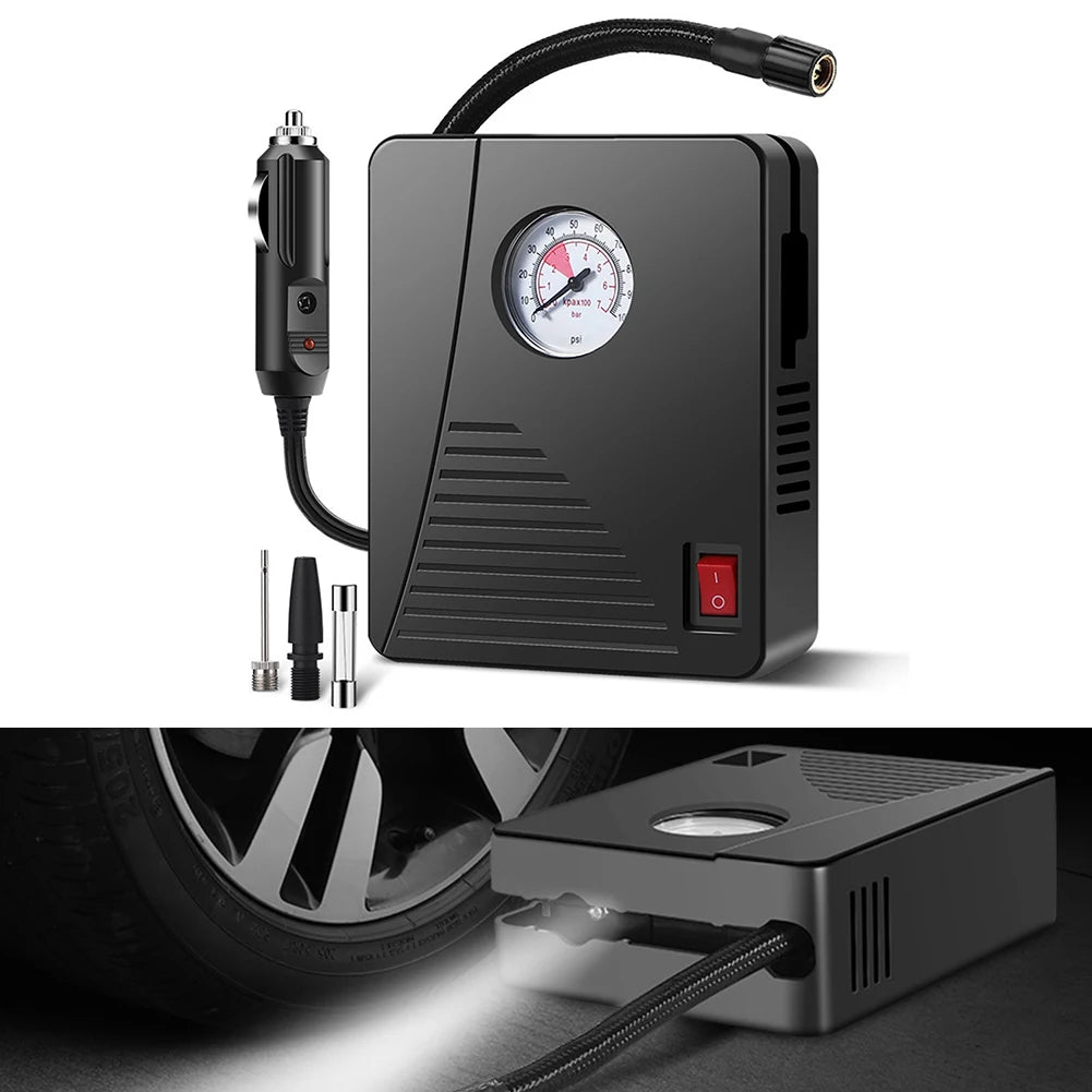 12V Portable Tire Inflator with LED Flashlight – 100 PSI Air Pump for Cars, Bikes & Sports