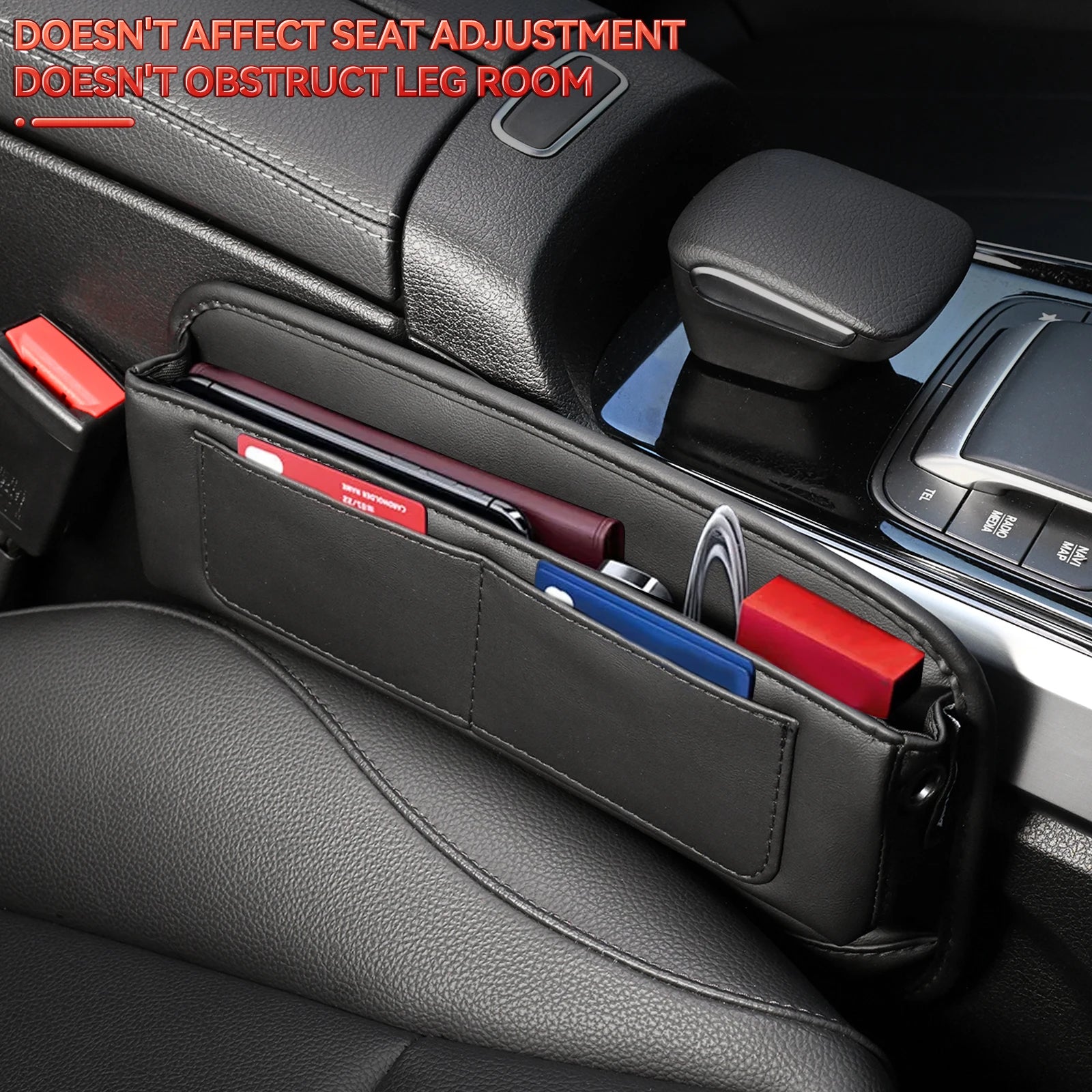 Car Seat Gap Filler Organizer | PU Leather | Dual USB Holes | Console Side Pocket