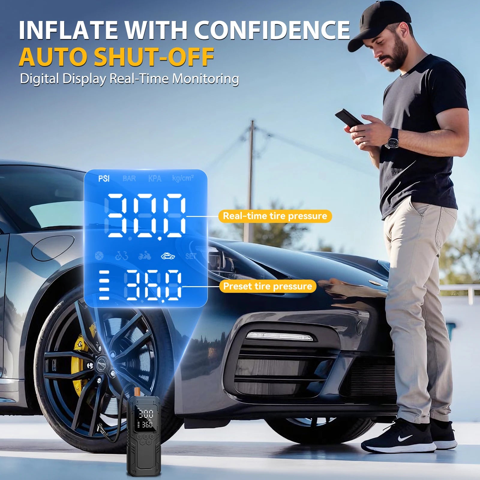 CHPOWKIT Wireless Tire Inflator – 150 PSI, Built-in Battery, Power Bank & Auto-Stop