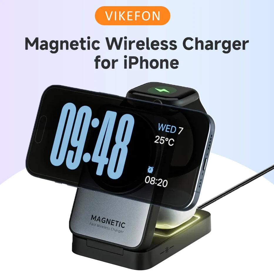 LED Foldable 3-in-1 MagSafe Wireless Charging Stand for iPhone & Apple Watch