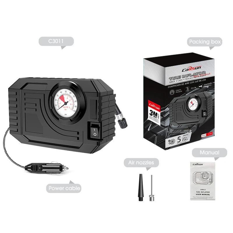 CARSUN Mini Wired Tire Inflator – 20L/Min Portable Air Compressor with Analog Gauge