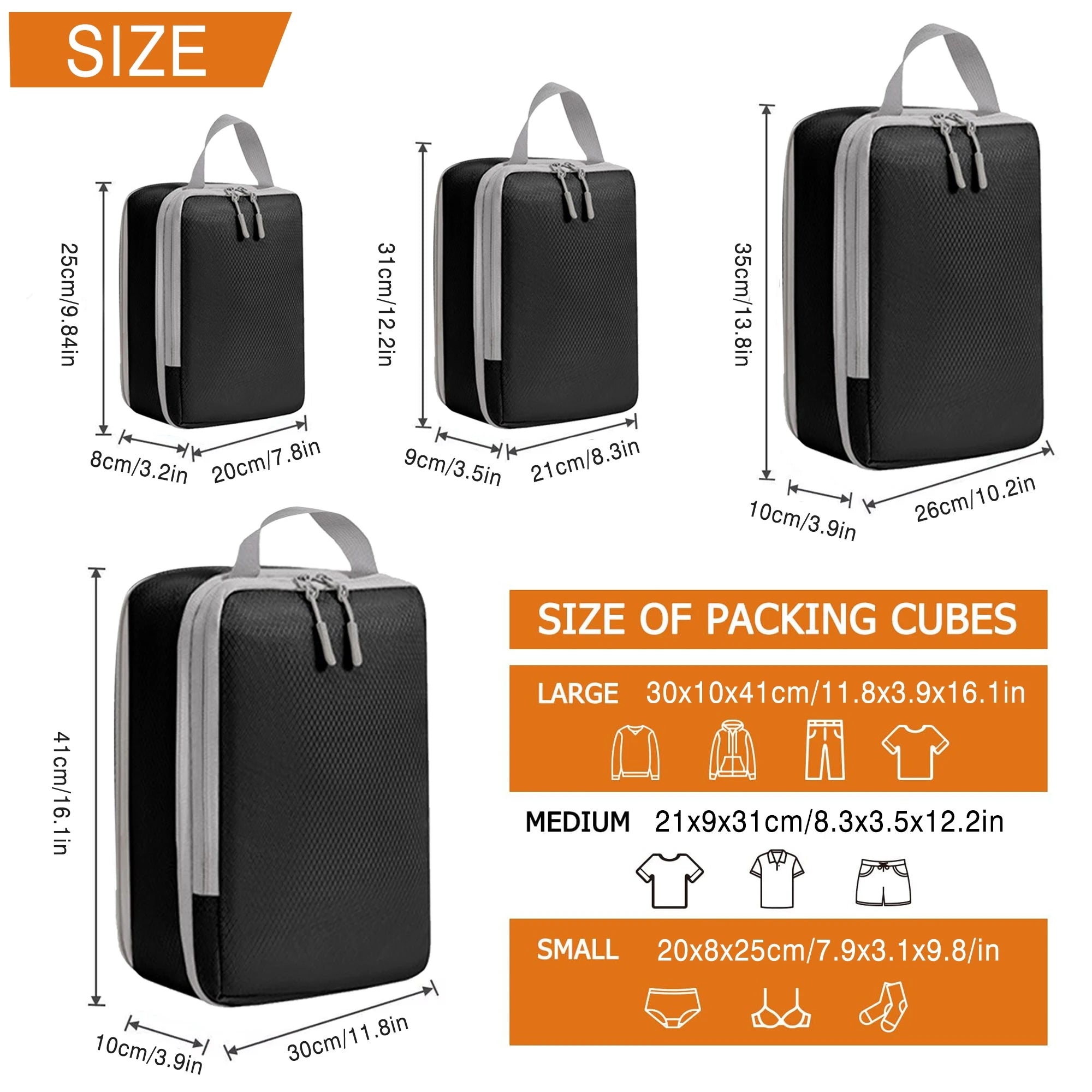 4-Piece Compression Packing Cubes Set – Waterproof Travel Luggage Organizers (S/M/L/XL)