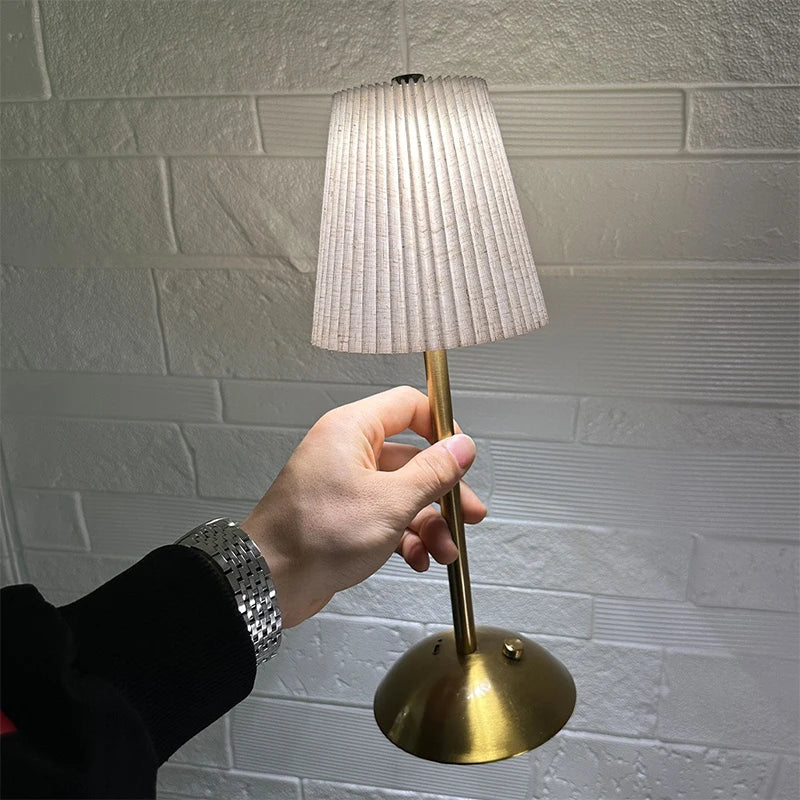 Small Pleated Fabric Shade Cordless Table Lamp – Touch Control, USB Rechargeable