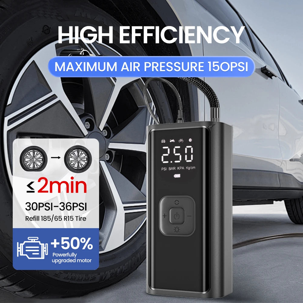 Portable Car Tire Inflator – 150 PSI Fast Air Compressor for Cars, Motorcycles, Bikes & Balls