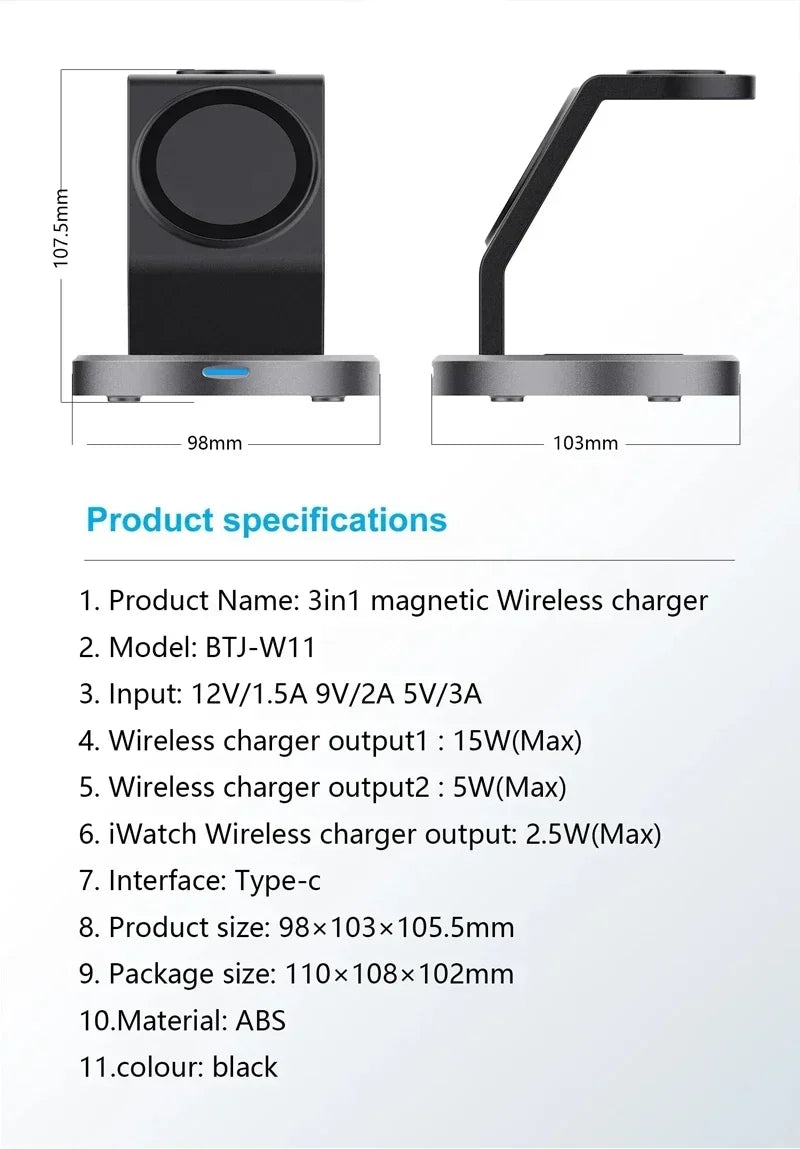 3 In 1 Magnetic Wireless Charger Stand For iPhone 13 14 15 16 Pro Max iWatch AirPods Station Dock MagSafe Fast Charging Station