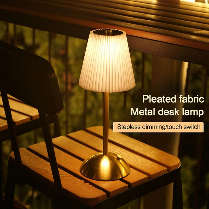 Small Pleated Fabric Shade Cordless Table Lamp – Touch Control, USB Rechargeable