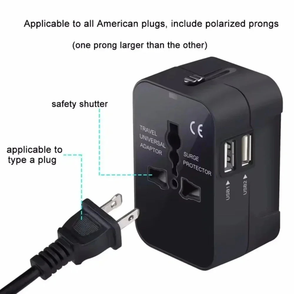 Universal Travel AC Power Adapter with Dual USB Ports – EU/US/UK/AU