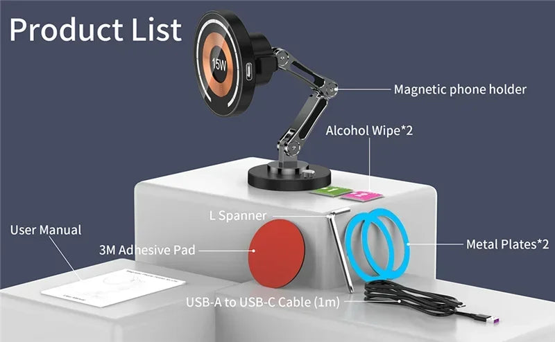 Magnetic Car Phone Mount – 15W Wireless Charging, Compatible with iPhone 12–15