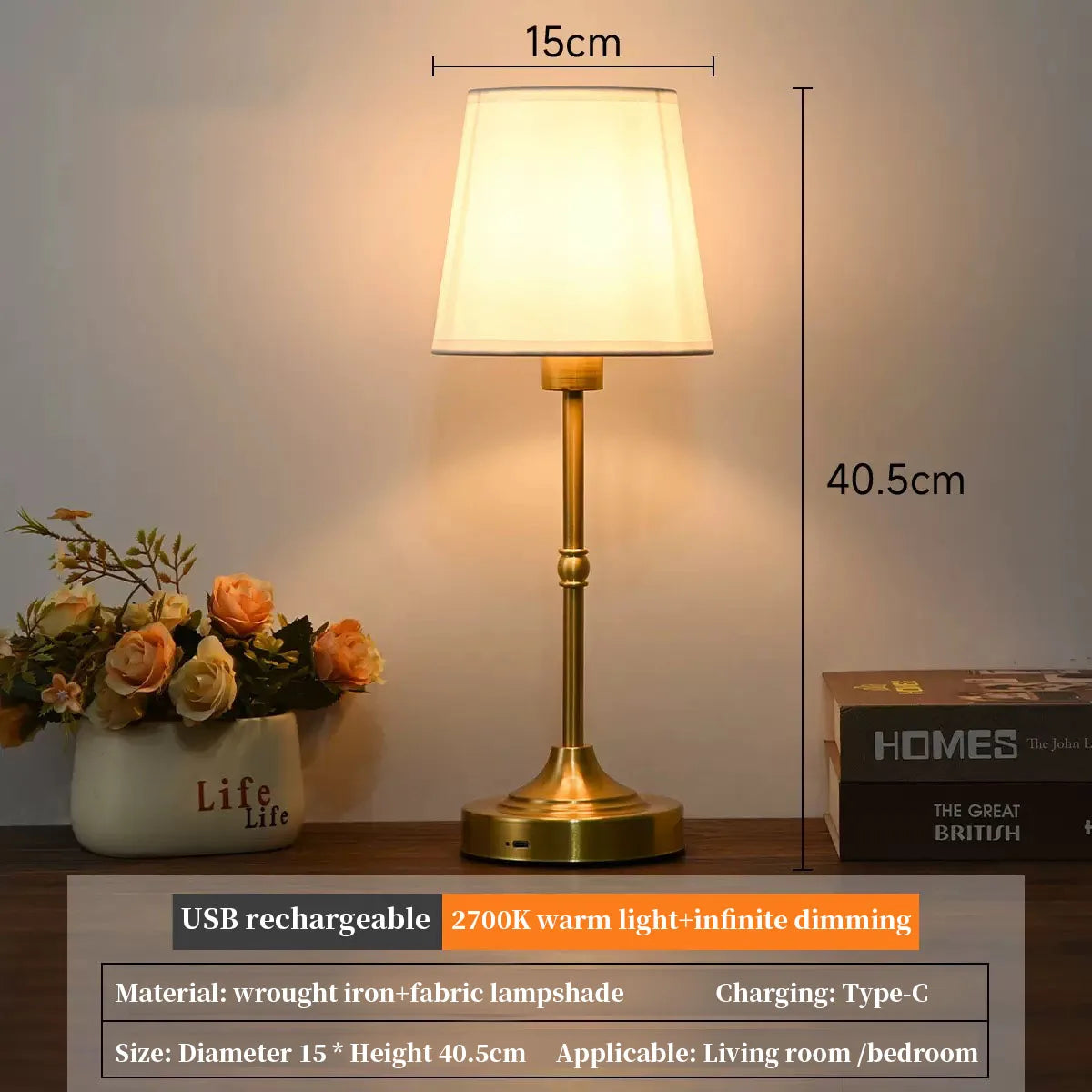 Cordless Rechargeable Table Lamp – 3-Level Dimmable, Fabric Shade, Touch Switch