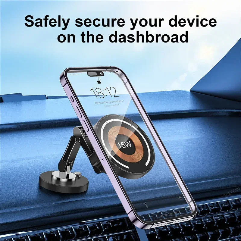 Magnetic Car Phone Mount – 15W Wireless Charging, Compatible with iPhone 12–15
