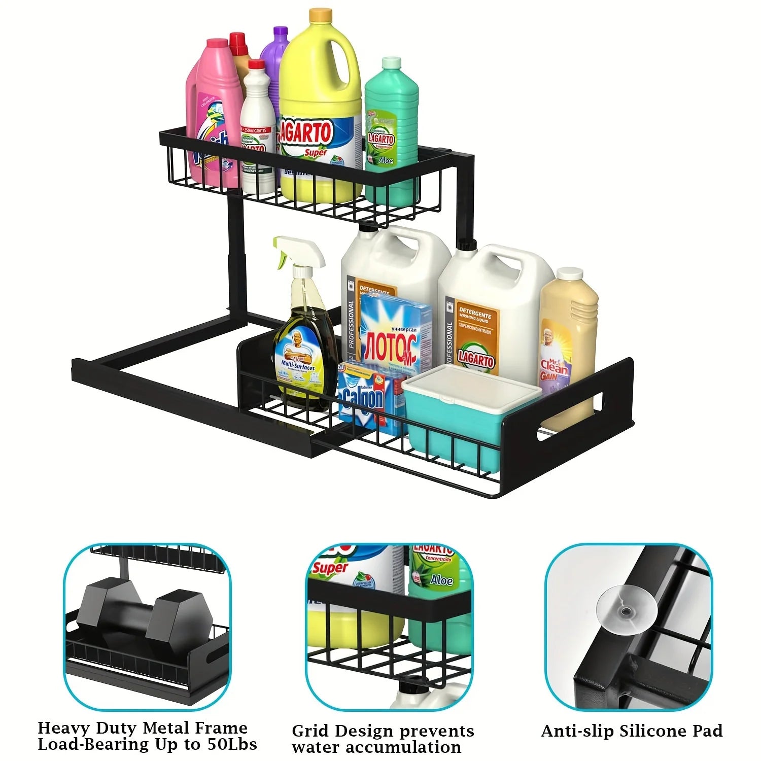 Pull-Out Under-Sink Organizer – 2-Tier Slide-Out Metal Shelf for Cabinet Storage