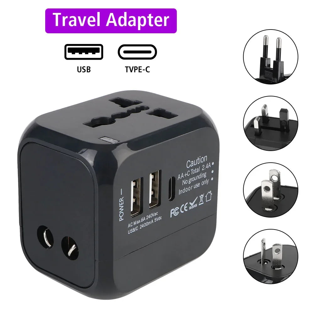 Universal Travel Adapter – 2 USB-A + PD20W USB-C Fast Charge, EU/UK/US/AU Plug