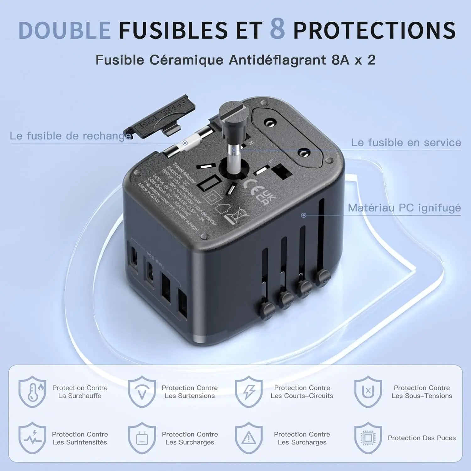 All-in-One Universal Travel Adapter – 2 USB-A + 2 USB-C, 2000W, EU/UK/US/AU Plug