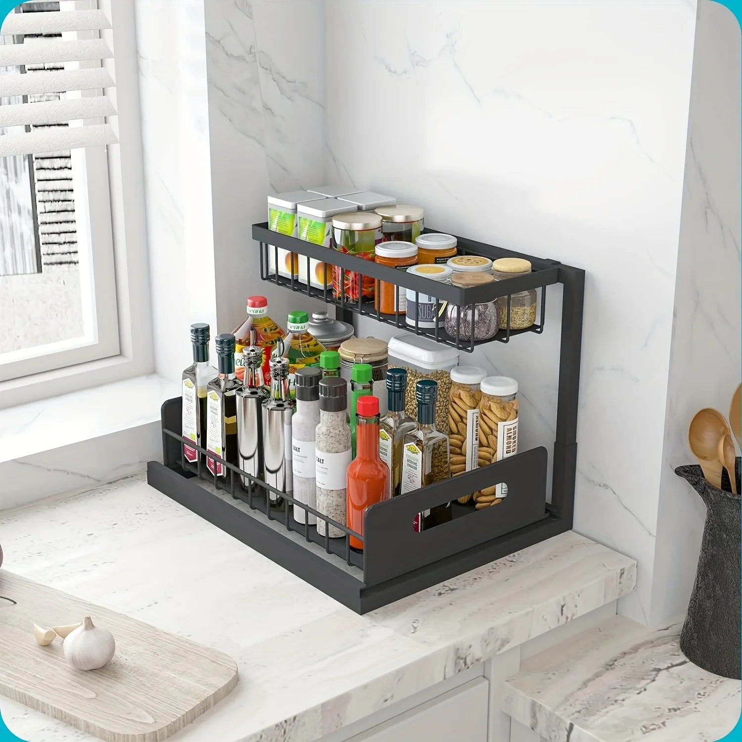 Pull-Out Under-Sink Organizer – 2-Tier Slide-Out Metal Shelf for Cabinet Storage