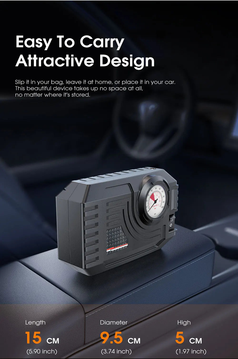 CARSUN Mini Wired Tire Inflator – 20L/Min Portable Air Compressor with Analog Gauge