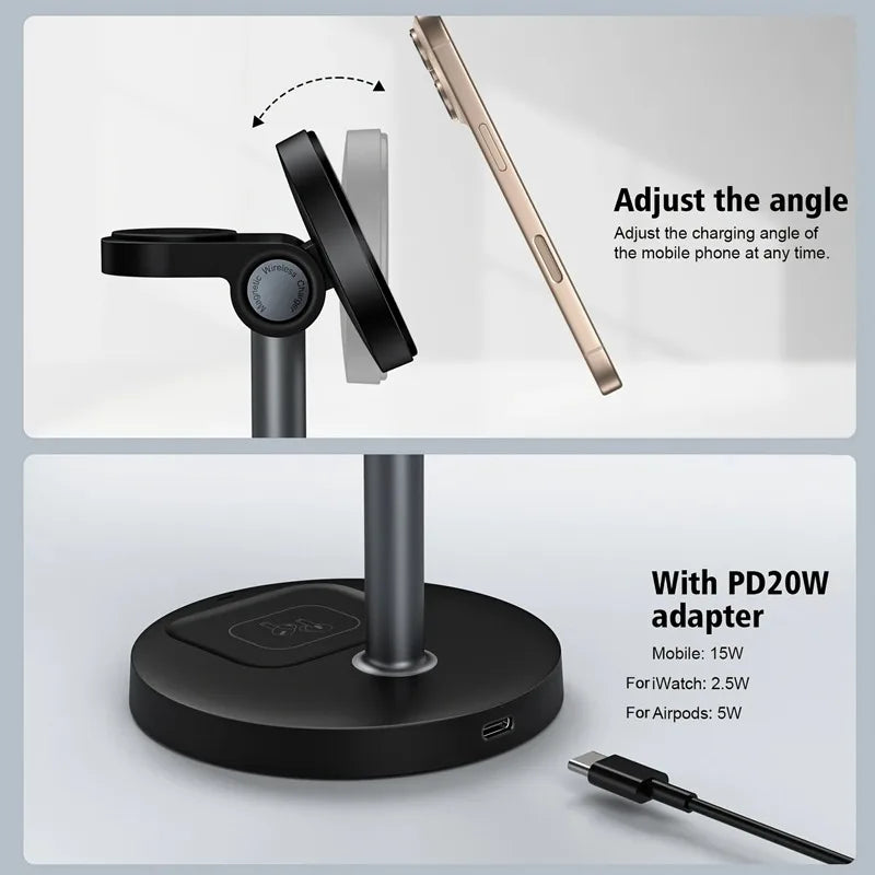 3-in-1 Magnetic Wireless Charger Stand – Adjustable, 15W, iPhone, Apple Watch & AirPods