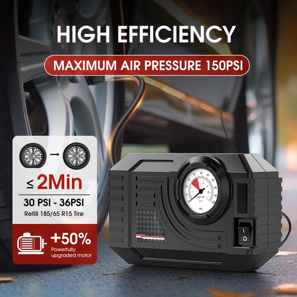 CARSUN Mini Wired Tire Inflator – 20L/Min Portable Air Compressor with Analog Gauge