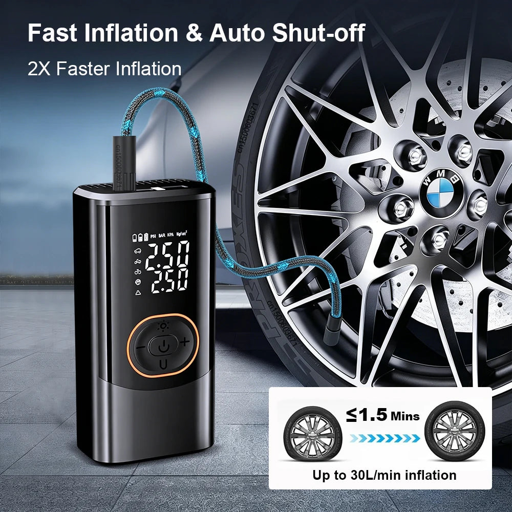 Cordless Tire Inflator – Dual LED Display, 4 Preset Modes, Auto Shut-Off, Fast Inflation