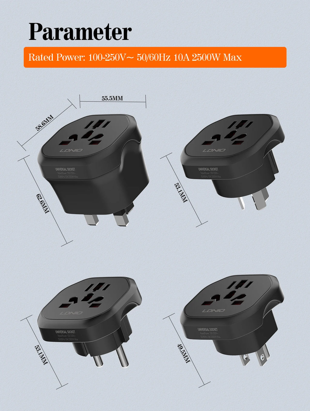LDNIO Universal Travel Adapter EU/KR to UK/US/AU Plug Converter