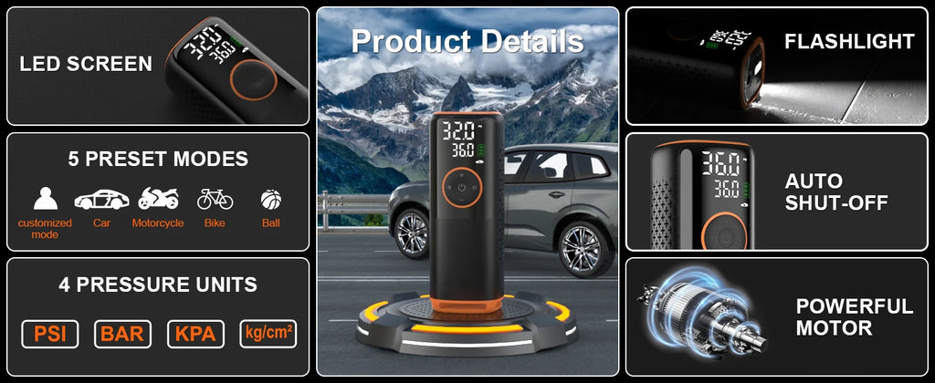 160 PSI Smart Tire Inflator – 6000mAh Battery, Dual Screen & 5-Mode Air Compressor