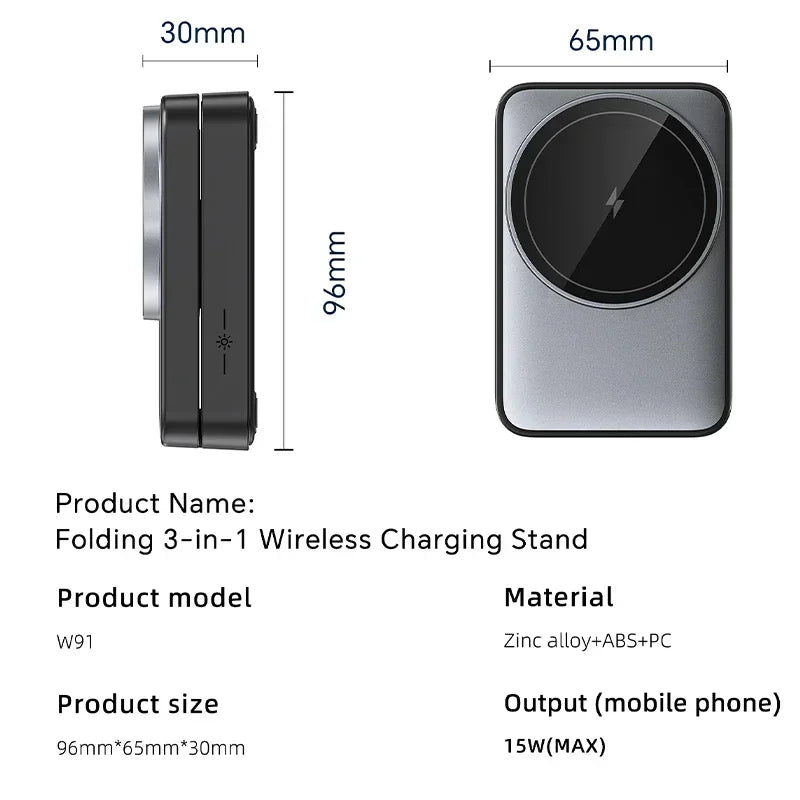 LED Foldable 3-in-1 MagSafe Wireless Charging Stand for iPhone & Apple Watch