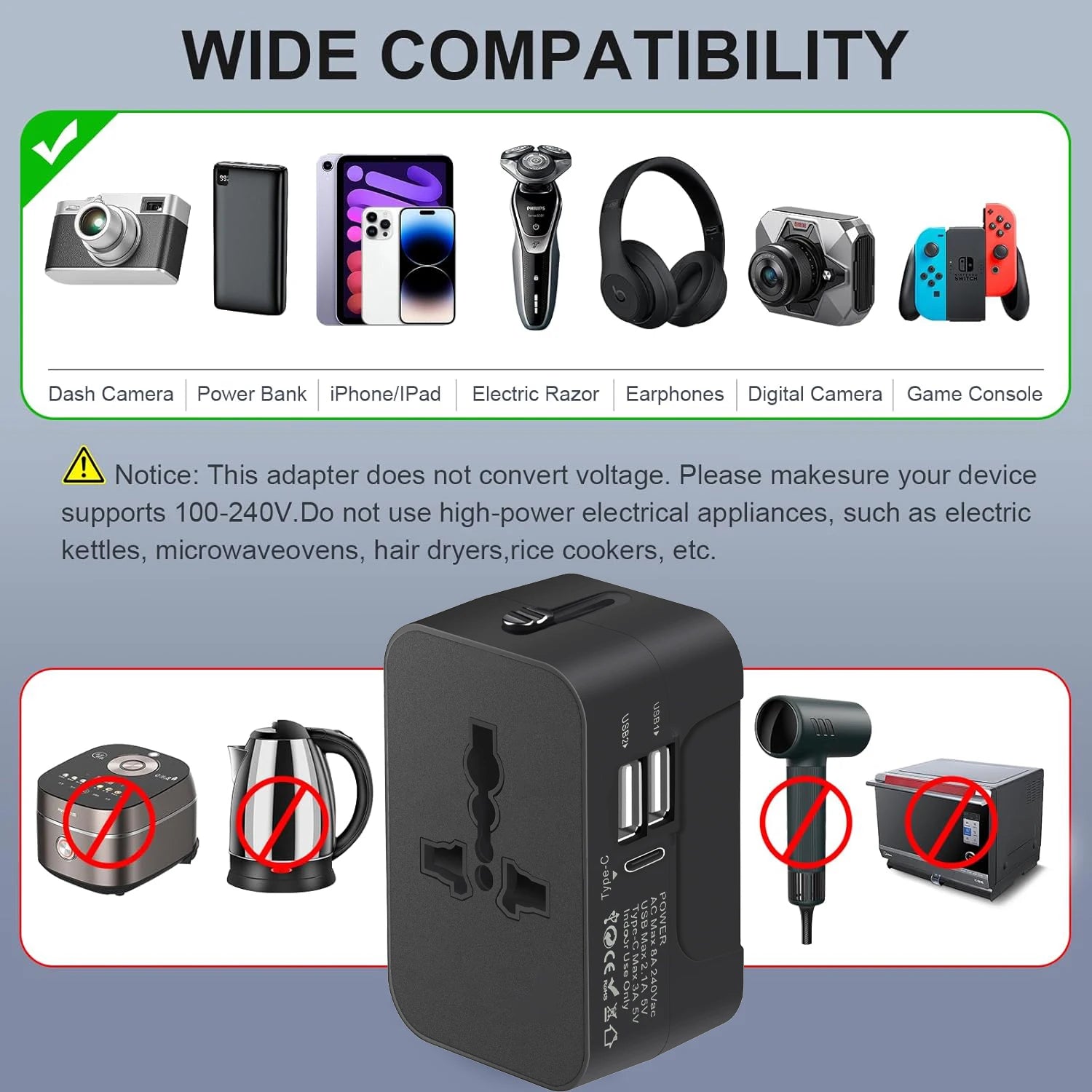 Universal Travel Adapter – Dual USB or USB-C, 150+ Countries, EU/UK/US/AU Plug