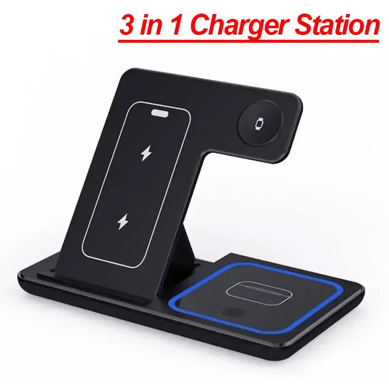 Foldable 3-in-1 Wireless Charging Station – iPhone, Apple Watch & AirPods, 15W Fast Charge
