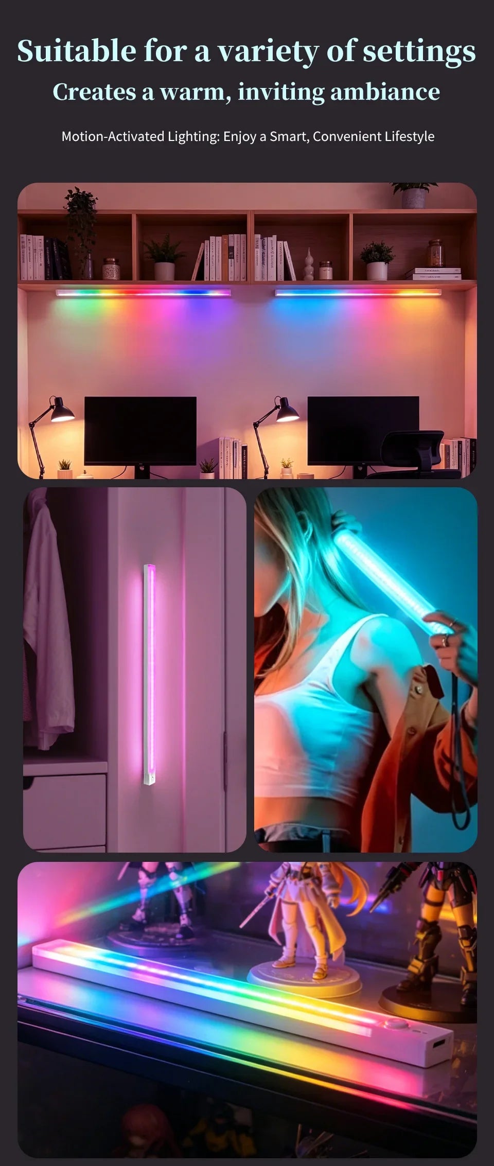 RGB Motion Sensor LED Light Bar – 5 Modes, Rechargeable, Gaming & Decor