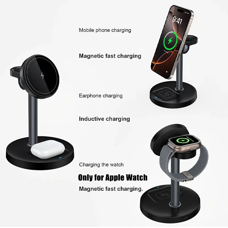 3-in-1 Magnetic Wireless Charger Stand – Adjustable, 15W, iPhone, Apple Watch & AirPods