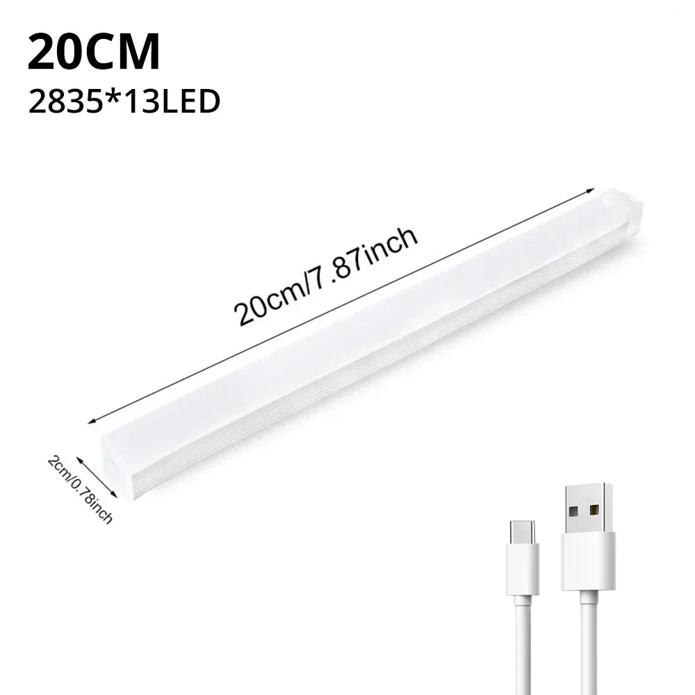 مصباح شريطي LED بمستشعر حركة PIR - تثبيت مغناطيسي، قابل لإعادة الشحن عبر USB، 10–50 سم