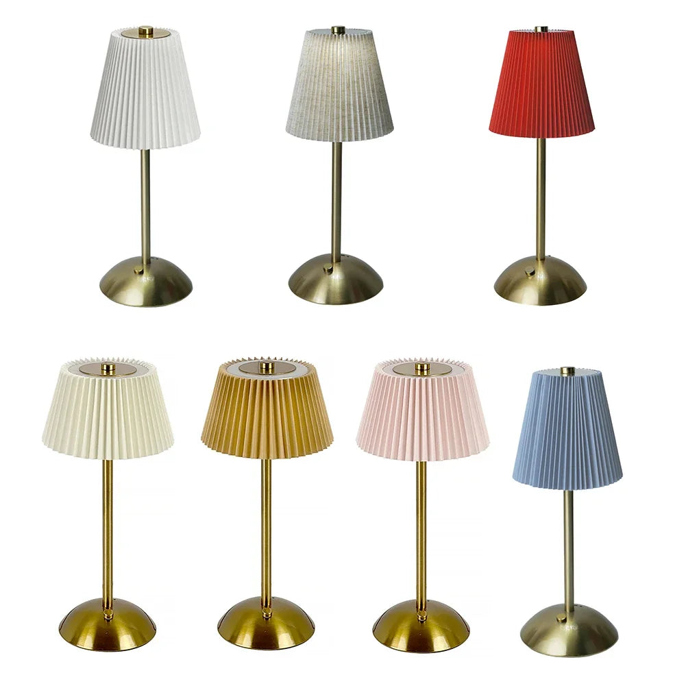 Cordless Metal Table Lamp with Pleated Shade – Touch Dimming, Rechargeable