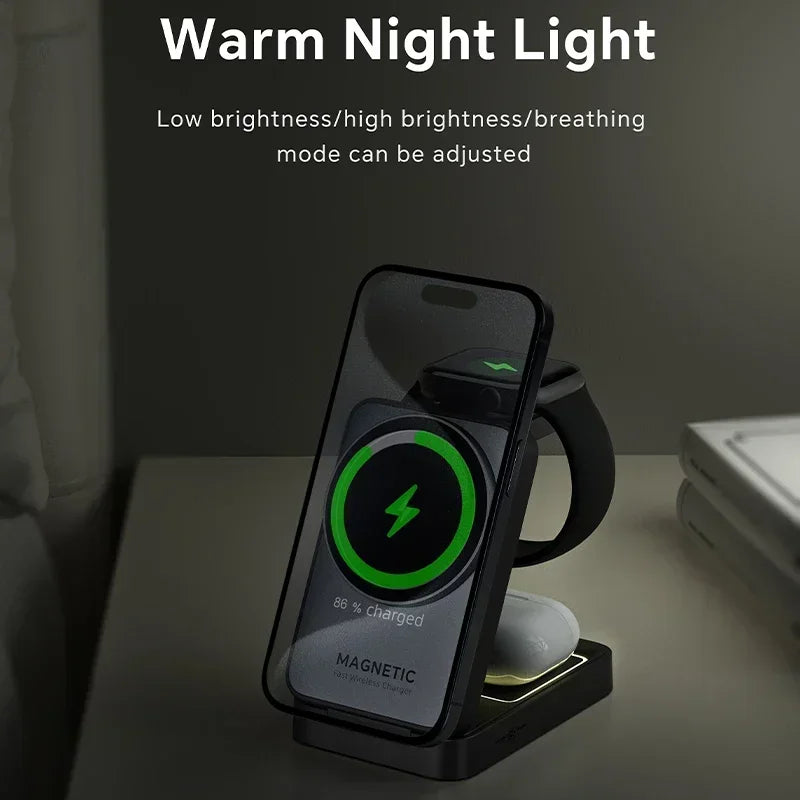 LED Foldable 3-in-1 MagSafe Wireless Charging Stand for iPhone & Apple Watch