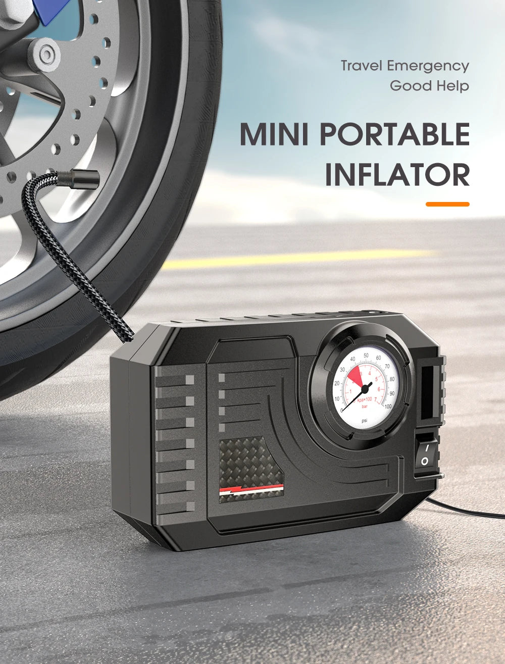 CARSUN Mini Wired Tire Inflator – 20L/Min Portable Air Compressor with Analog Gauge