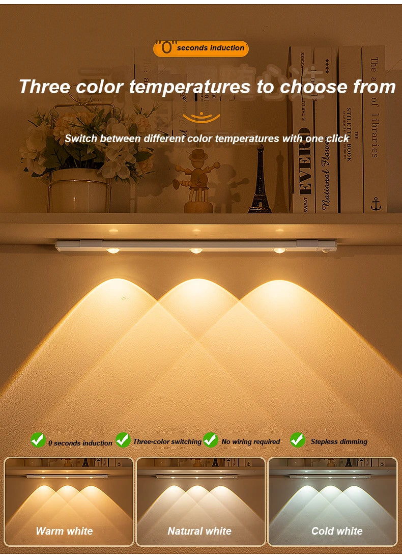 Wireless Motion Sensor LED Cabinet Light – 3 Color Temps, USB Rechargeable