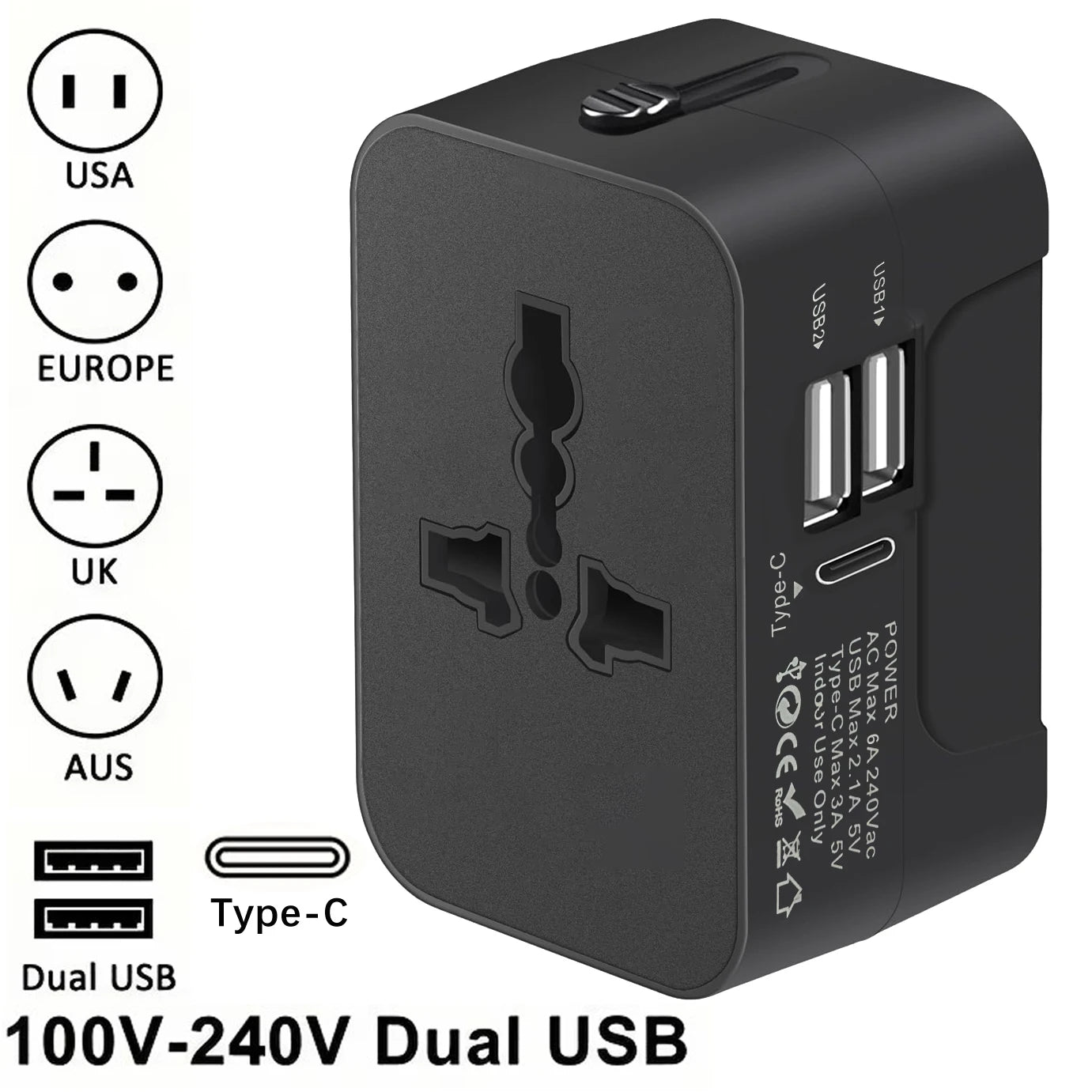 Universal Travel Adapter – Dual USB or USB-C, 150+ Countries, EU/UK/US/AU Plug