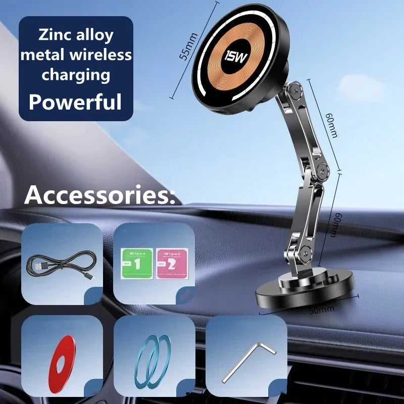 Magnetic Car Phone Mount – 15W Wireless Charging, Compatible with iPhone 12–15