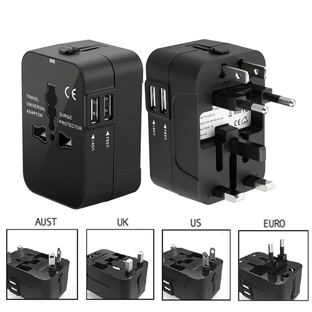 Universal Travel Adapter with Dual USB Ports – UK/US/AU to EU Plug Converter