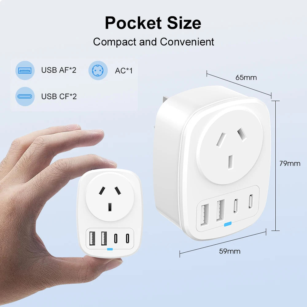 All-in-One Travel Adapter EU/UK/US/AU with 2 USB + 2 Type-C Ports