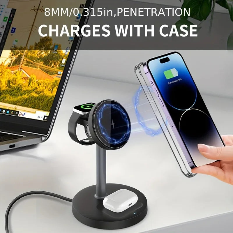 3-in-1 Magnetic Wireless Charger Stand – Adjustable, 15W, iPhone, Apple Watch & AirPods