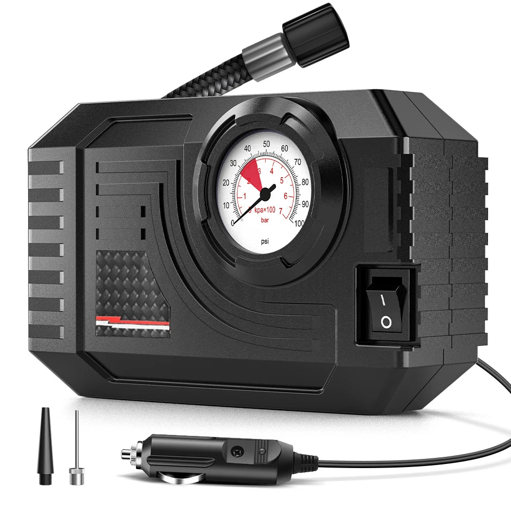 CARSUN Mini Wired Tire Inflator – 20L/Min Portable Air Compressor with Analog Gauge