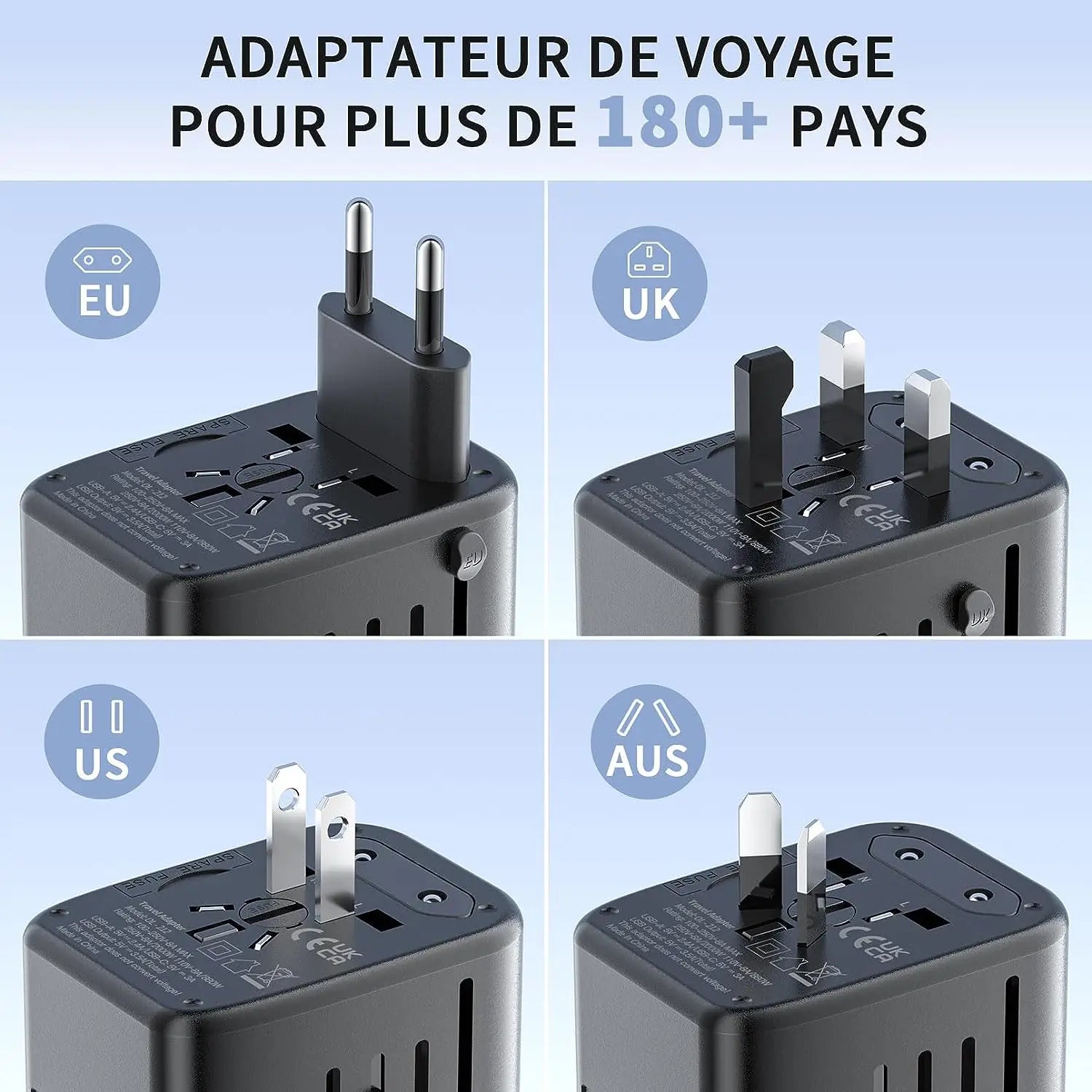 All-in-One Universal Travel Adapter – 2 USB-A + 2 USB-C, 2000W, EU/UK/US/AU Plug