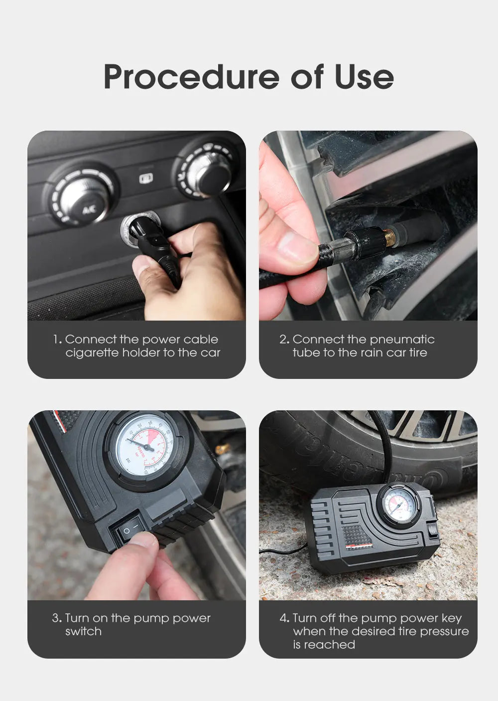 CARSUN Mini Wired Tire Inflator – 20L/Min Portable Air Compressor with Analog Gauge