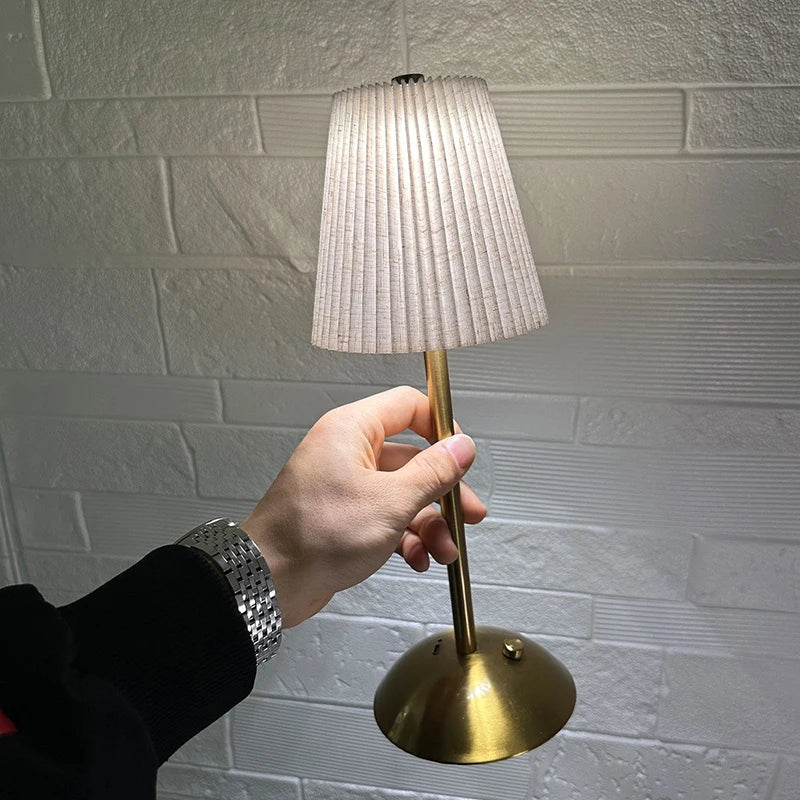 Small Pleated Fabric Shade Cordless Table Lamp – Touch Control, USB Rechargeable