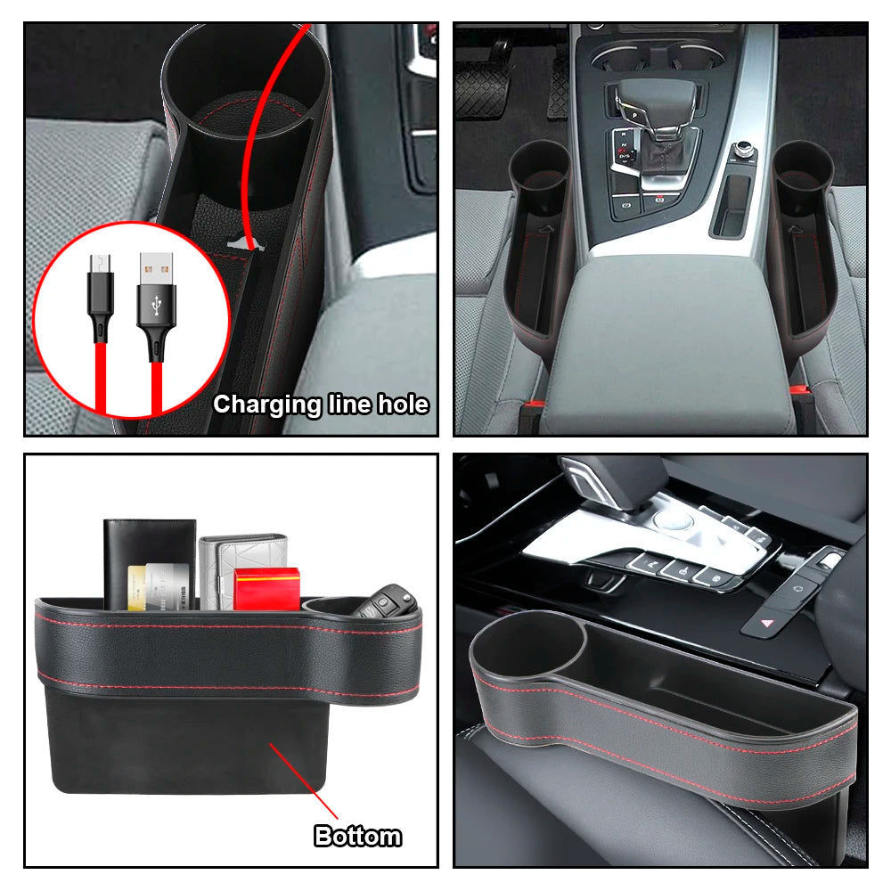 Leather Car Seat Gap Storage Box with Charging Hole