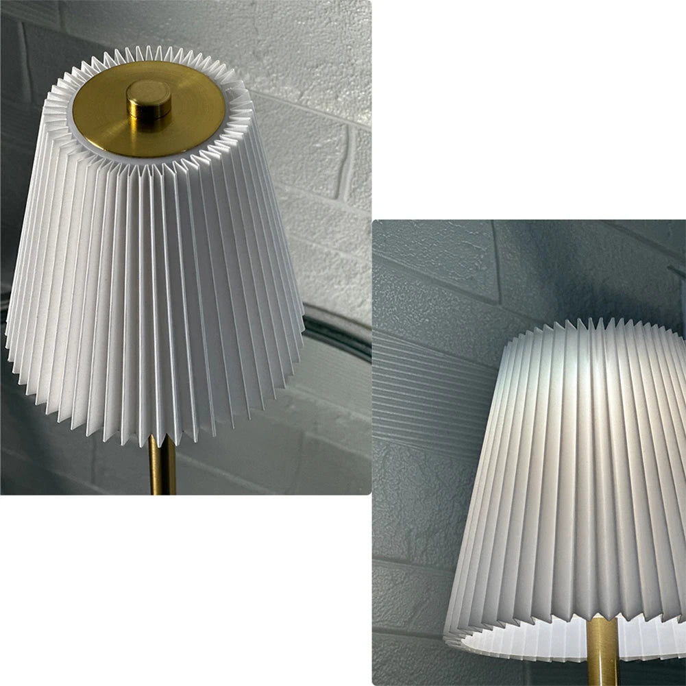 Cordless Metal Table Lamp with Pleated Shade – Touch Dimming, Rechargeable
