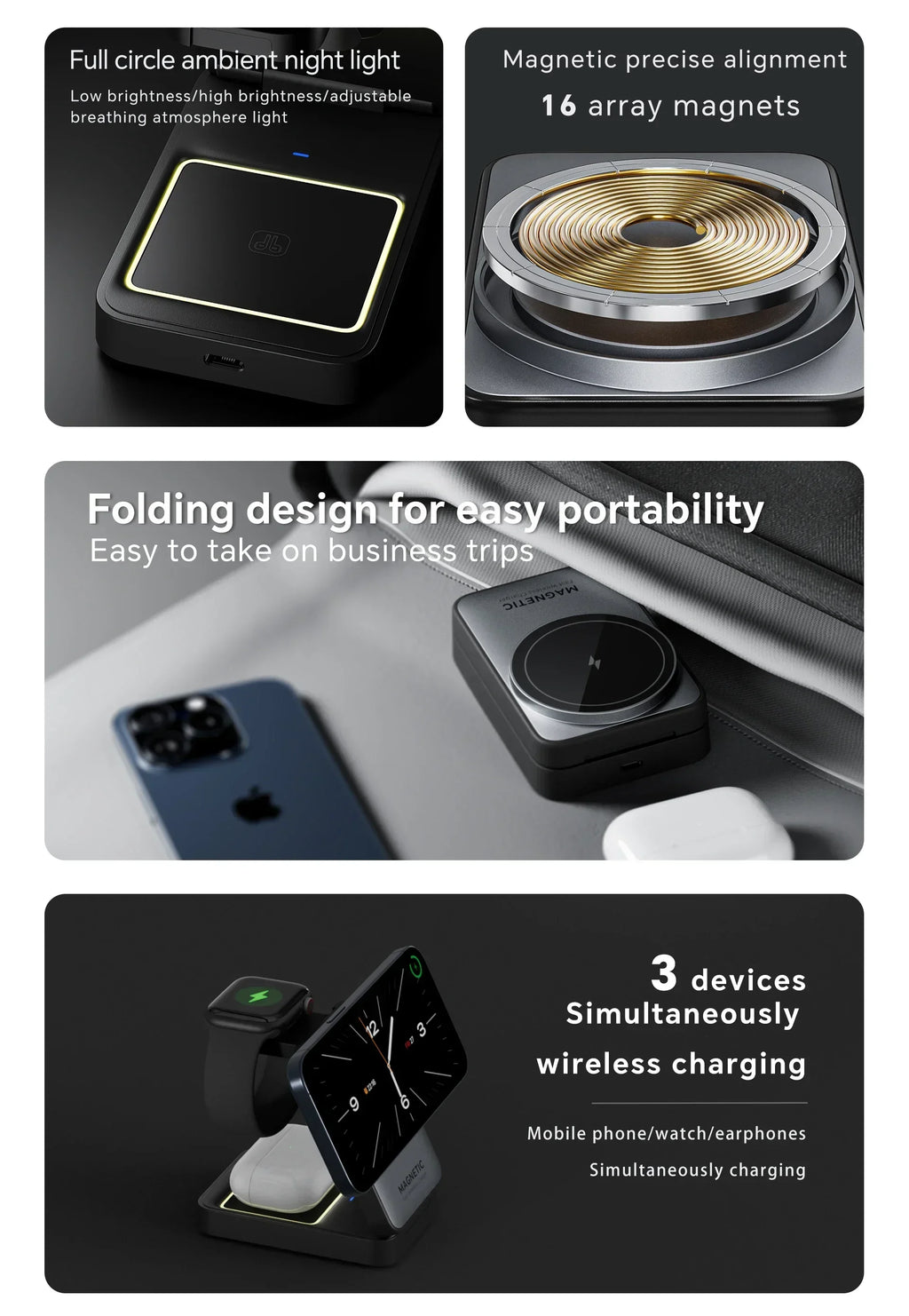 LED Foldable 3-in-1 MagSafe Wireless Charging Stand for iPhone & Apple Watch
